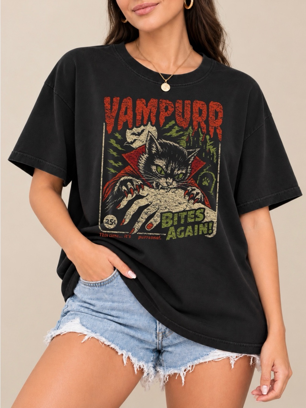 Vampurr Graphic Cat Unisex T-Shirt Retro Halloween Tee